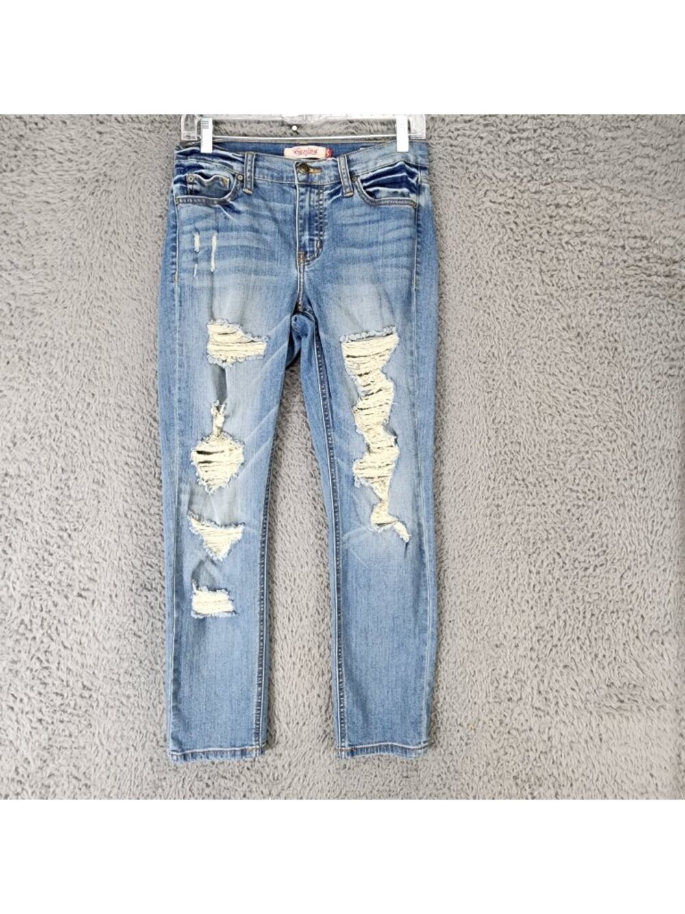 Eunina Jeans Womens 5 Medium Wash Stretch Mid Rise Distressed Sexy Boyfriend